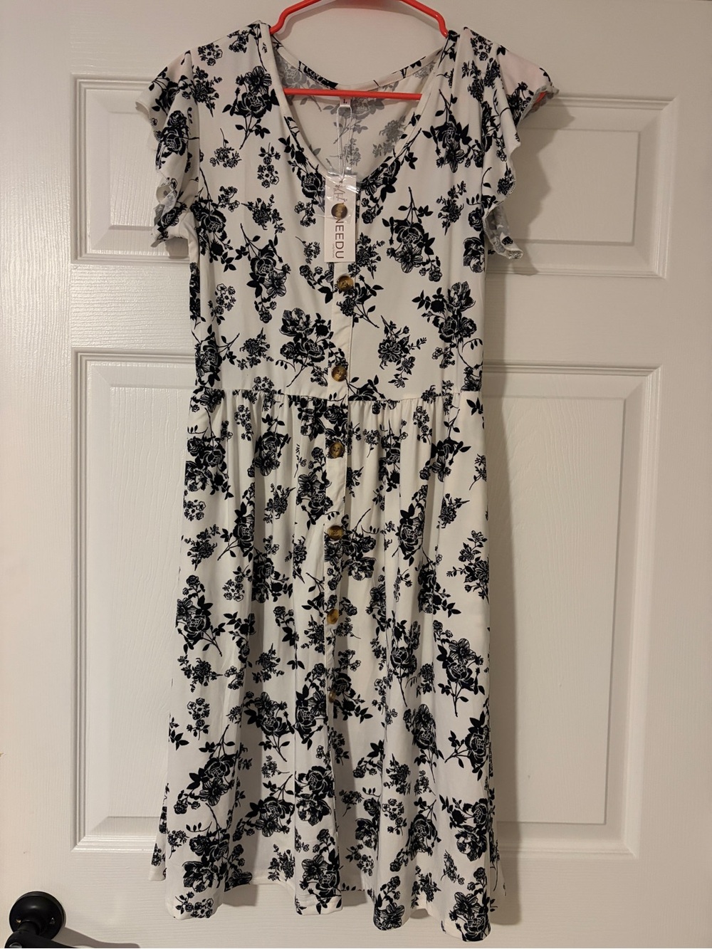 White Dress with Black Floral Print - Button Front Summer Dress